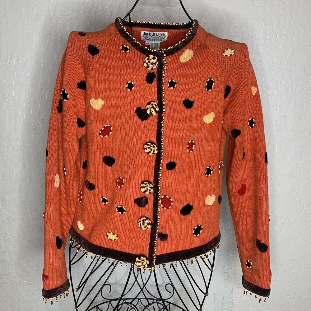 Jack B Quick Halloween Fall Beaded Cardigan  Womens Petite Small